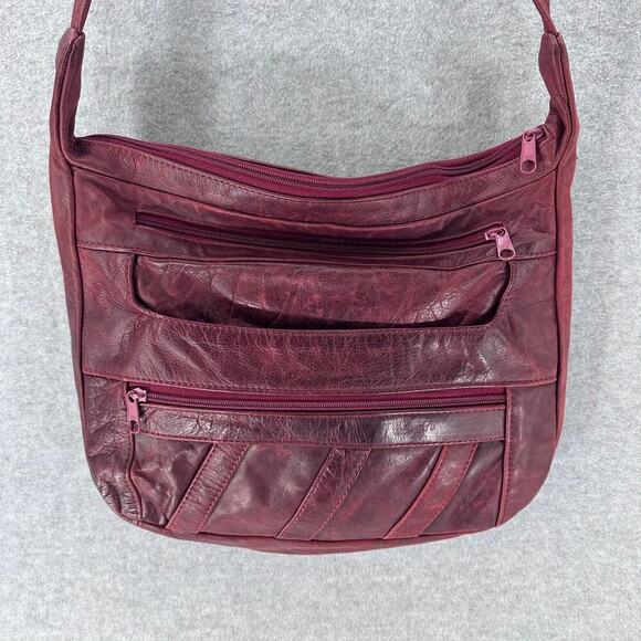 Vintage 80s 90s style Leather Shoulder Bag Burgundy Patchwork BOHO Sling - Picture 1 of 8